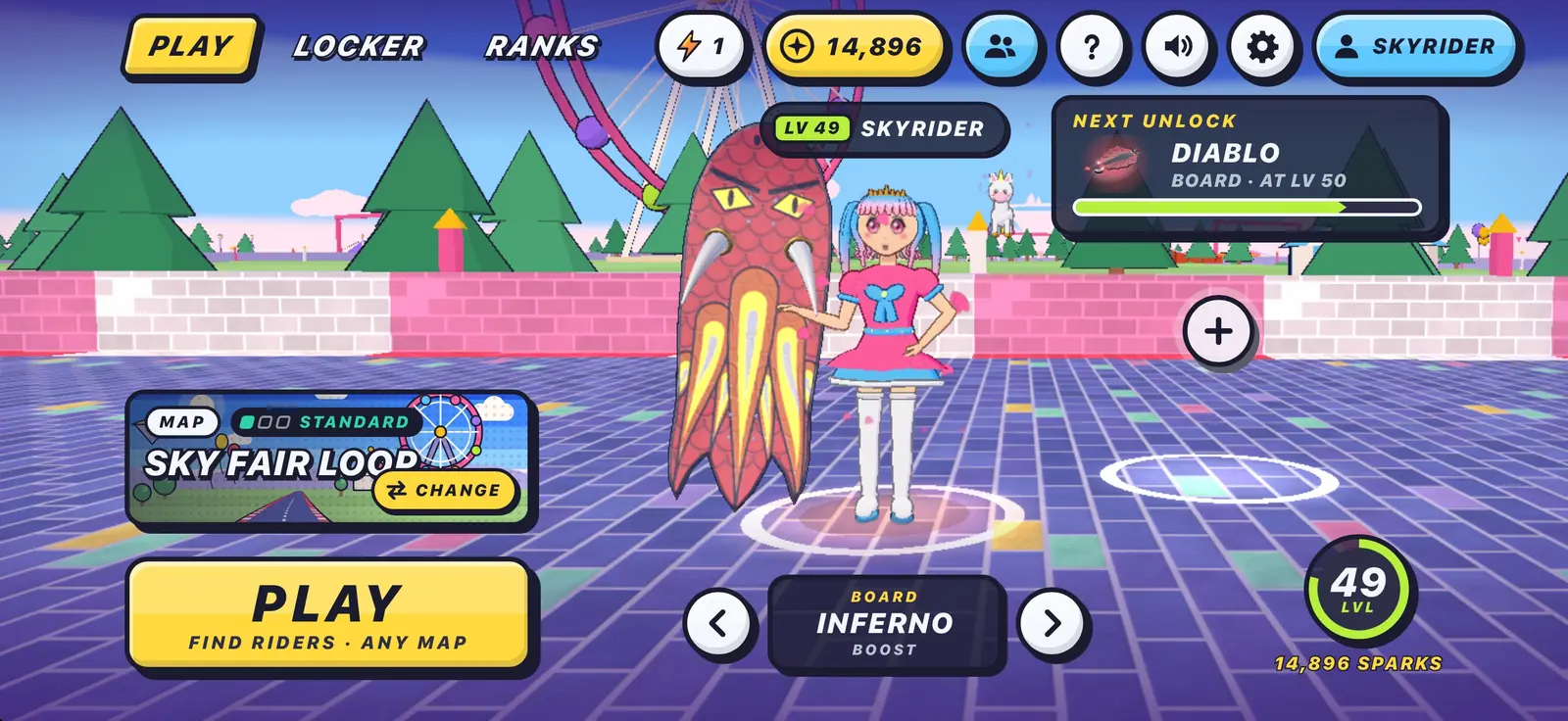 The lobby on Sky Fair Loop, with the rider, the board and the PLAY button.