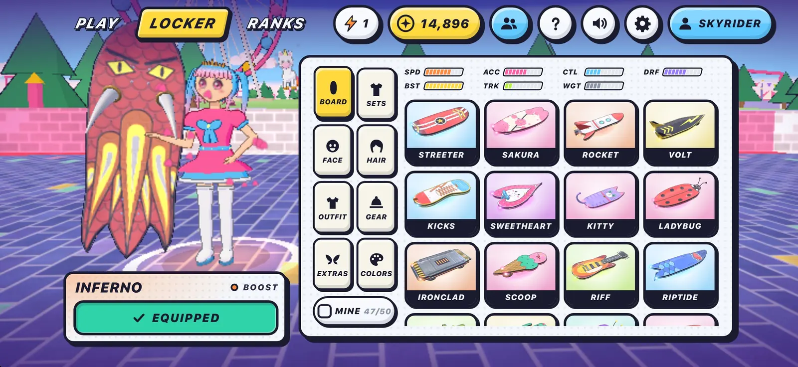 The locker on the BOARD tab, with a grid of boards and their stats.