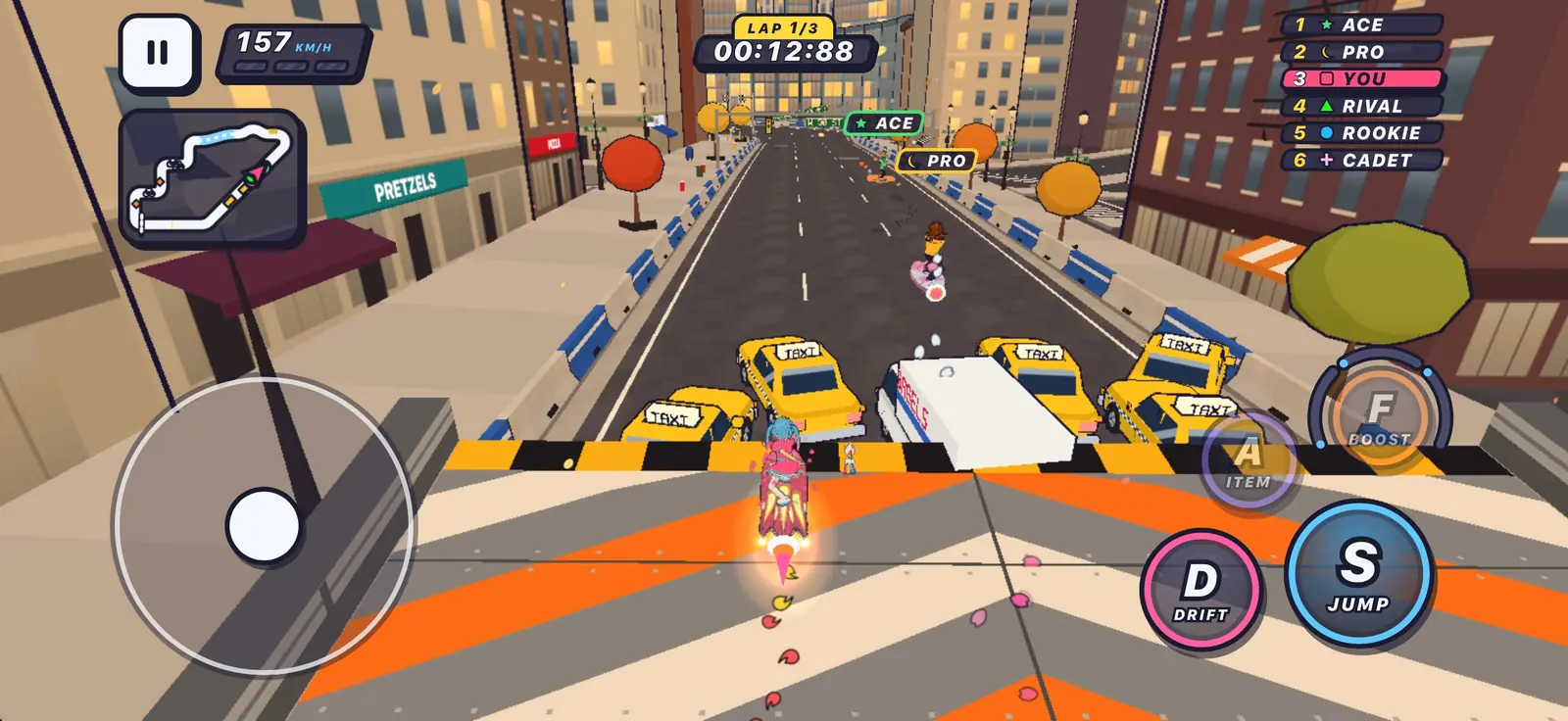 A race on Big Apple Rush: a ramp over a jam of yellow cabs, with two rivals ahead.